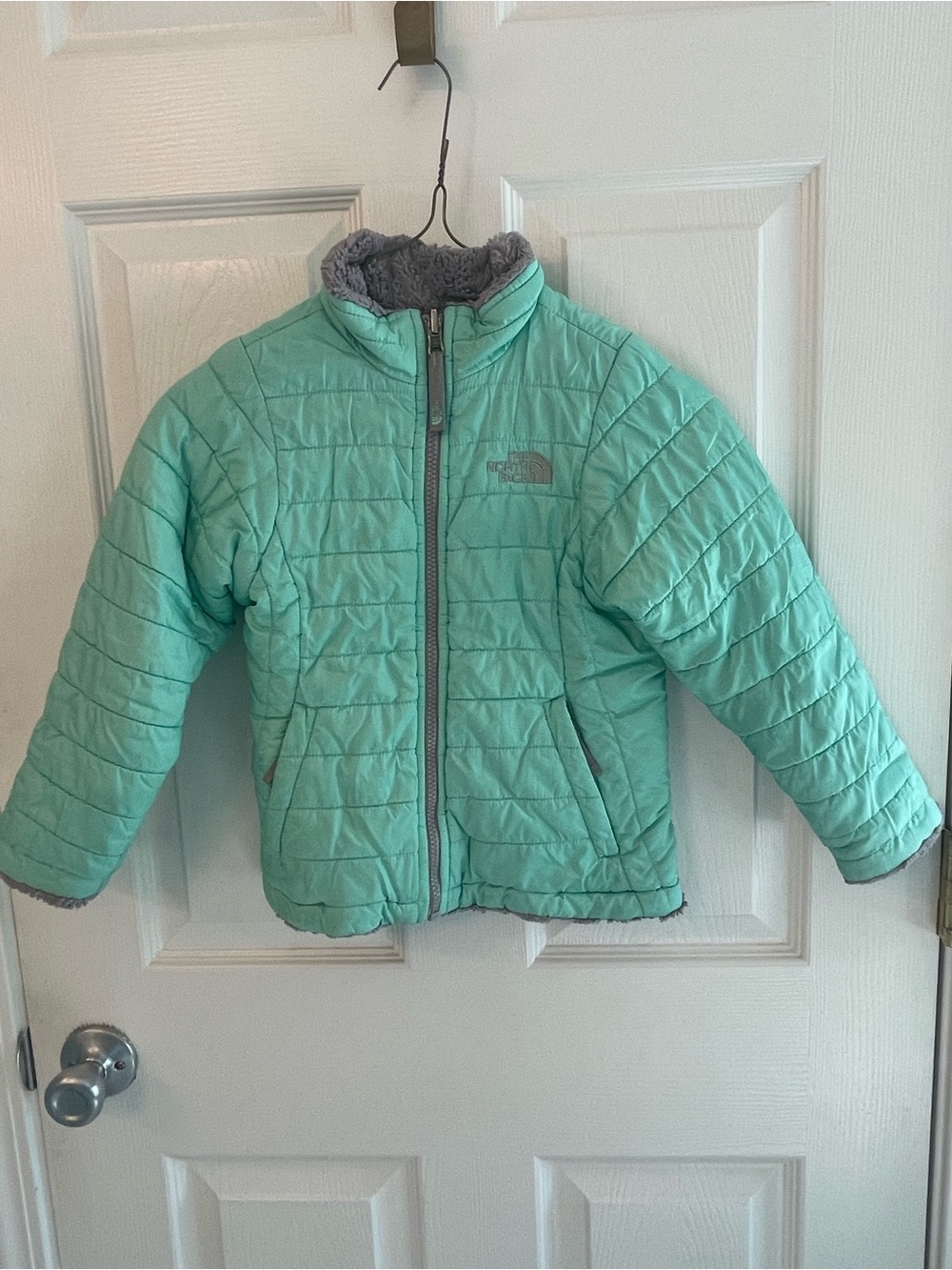 The North Face Girls' Teal Puffer Jacket with Gray Trim
